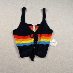 WOMEN'S TOP XLARGE COLOR BLOCK RETRO KNIT BLACK STRIPE BOHO RAVE 70's